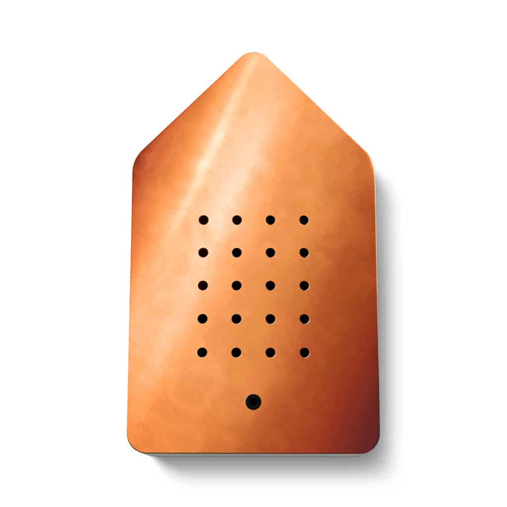 Birdybox koper huisje met ontspannende vogelgeluiden, ideaal voor een rustgevende sfeer in huis.