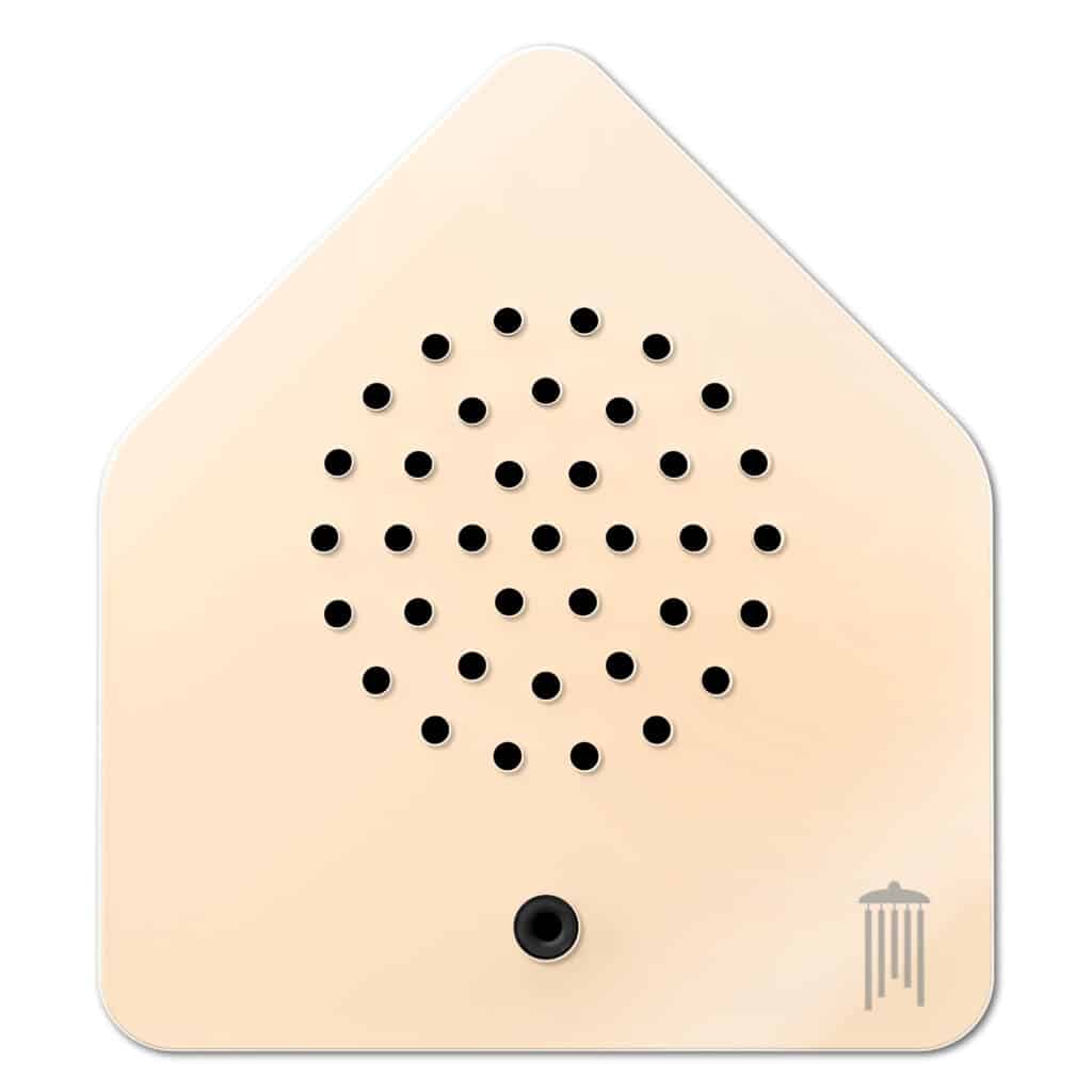 Zwitscherbox perzik huisje met ontspannende vogelgeluiden, ideaal voor een rustgevende sfeer in huis.